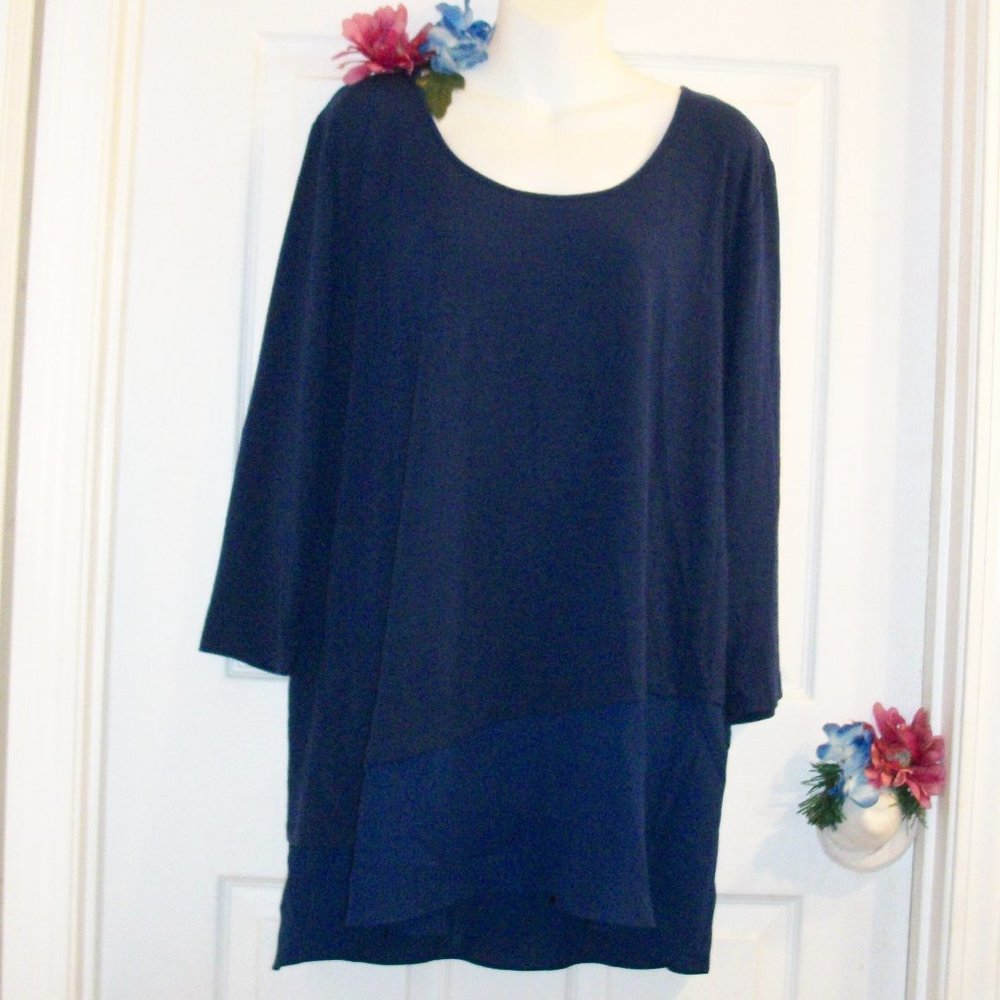 ELLEN TRACY XXL 2X  Rear Tie Tiered Tunic Top Navy Blue Sheer Trim 3/4 Sleeve
